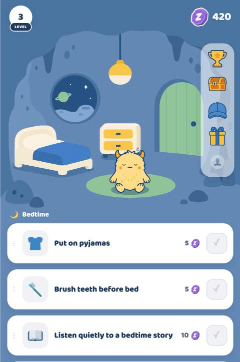 Dozumo on a phone: a child's bedroom with their creature, and the bedtime tasks below it